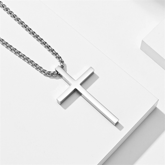 Mens Cross Charm Pendant Necklace in Stainless Steel: Silver / Small