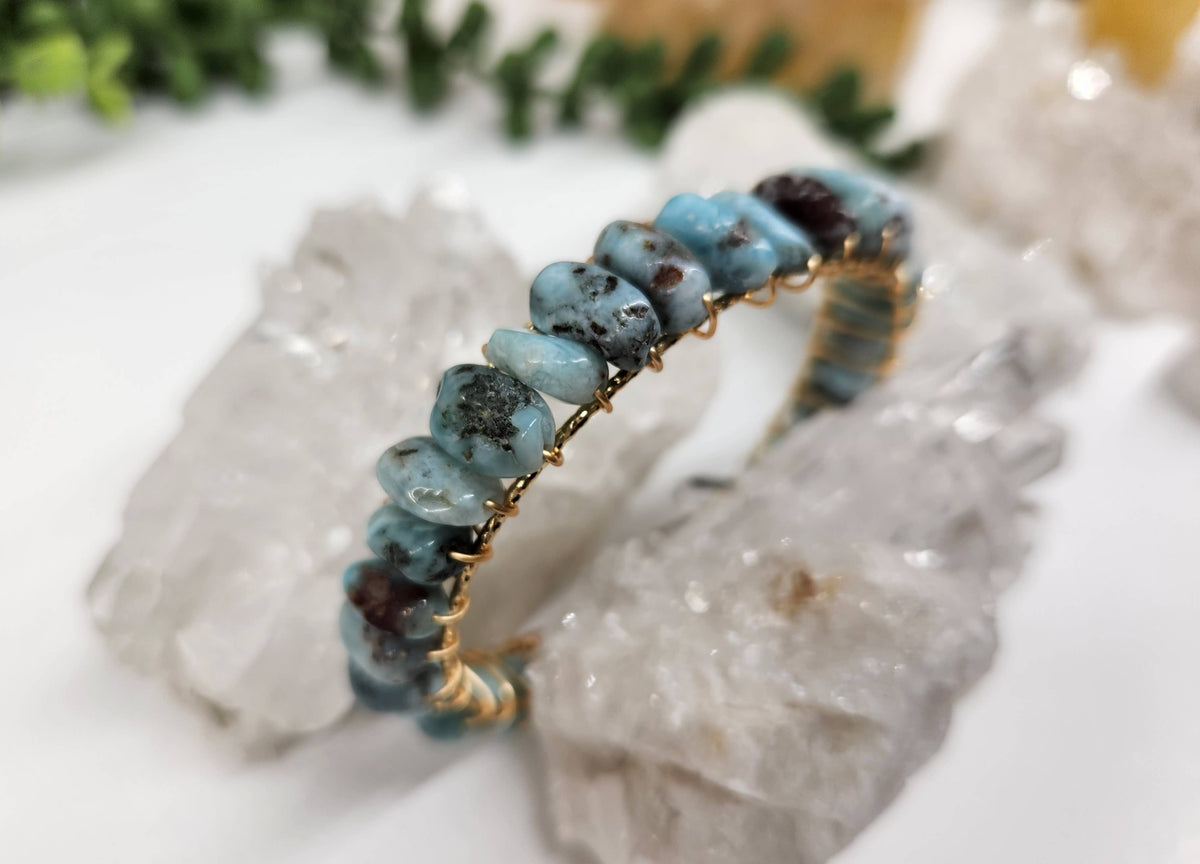 Larimar Bangle/Cuff/Wire Wrapped Bracelet -18kt.Gold Overlay: WHITE GOLD