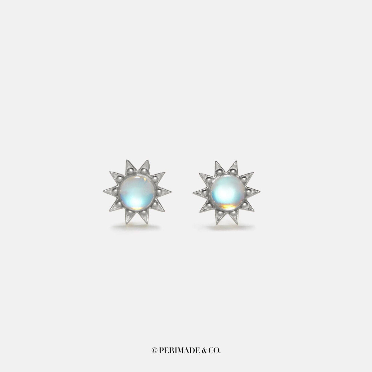 Small Sun Moonstone Stud Earrings in 925 Sterling Silver: Silver