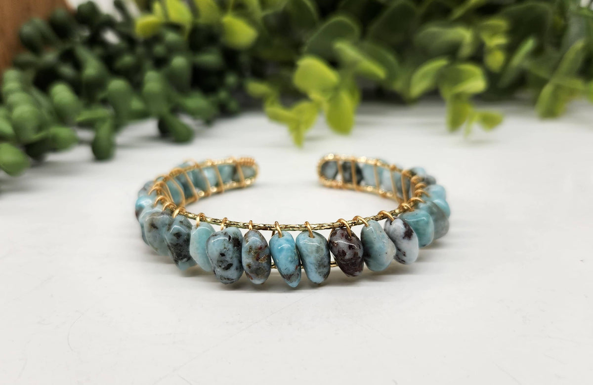 Larimar Bangle/Cuff/Wire Wrapped Bracelet -18kt.Gold Overlay: WHITE GOLD