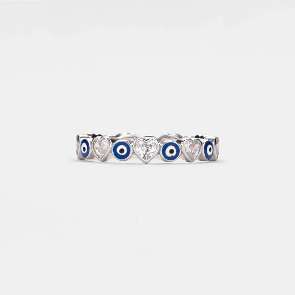 Turkish Evil Eye Heart Eternity Ring in 925 Sterling Silver: Silver / 8 US