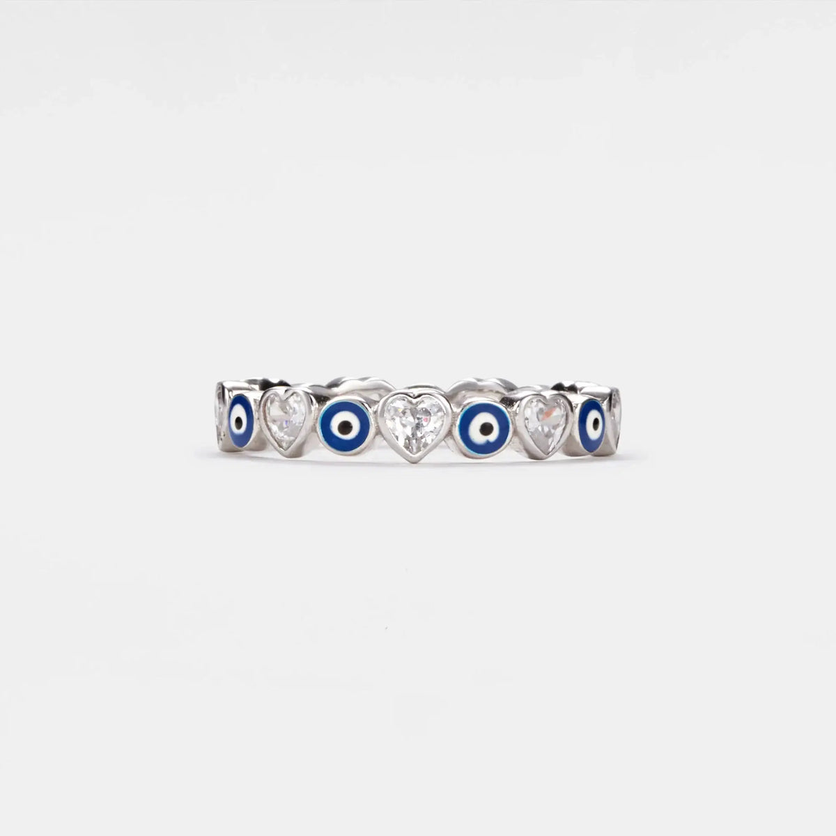 Turkish Evil Eye Heart Eternity Ring in 925 Sterling Silver: Silver / 6 US