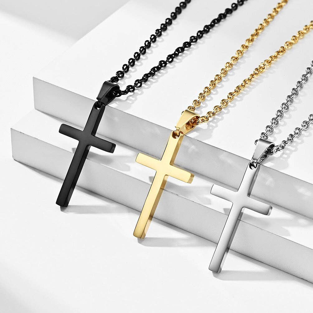 Mens Cross Charm Pendant Necklace in Stainless Steel: Silver / Small