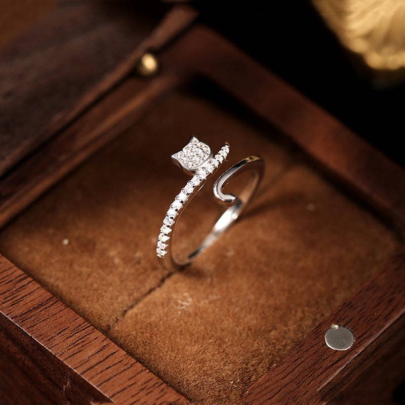 Dainty Silver Cat Tail Adjustable Ring in Solid Copper