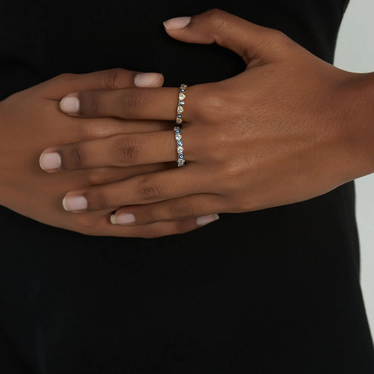 Turkish Evil Eye Heart Eternity Ring in 925 Sterling Silver: Gold / 6 US