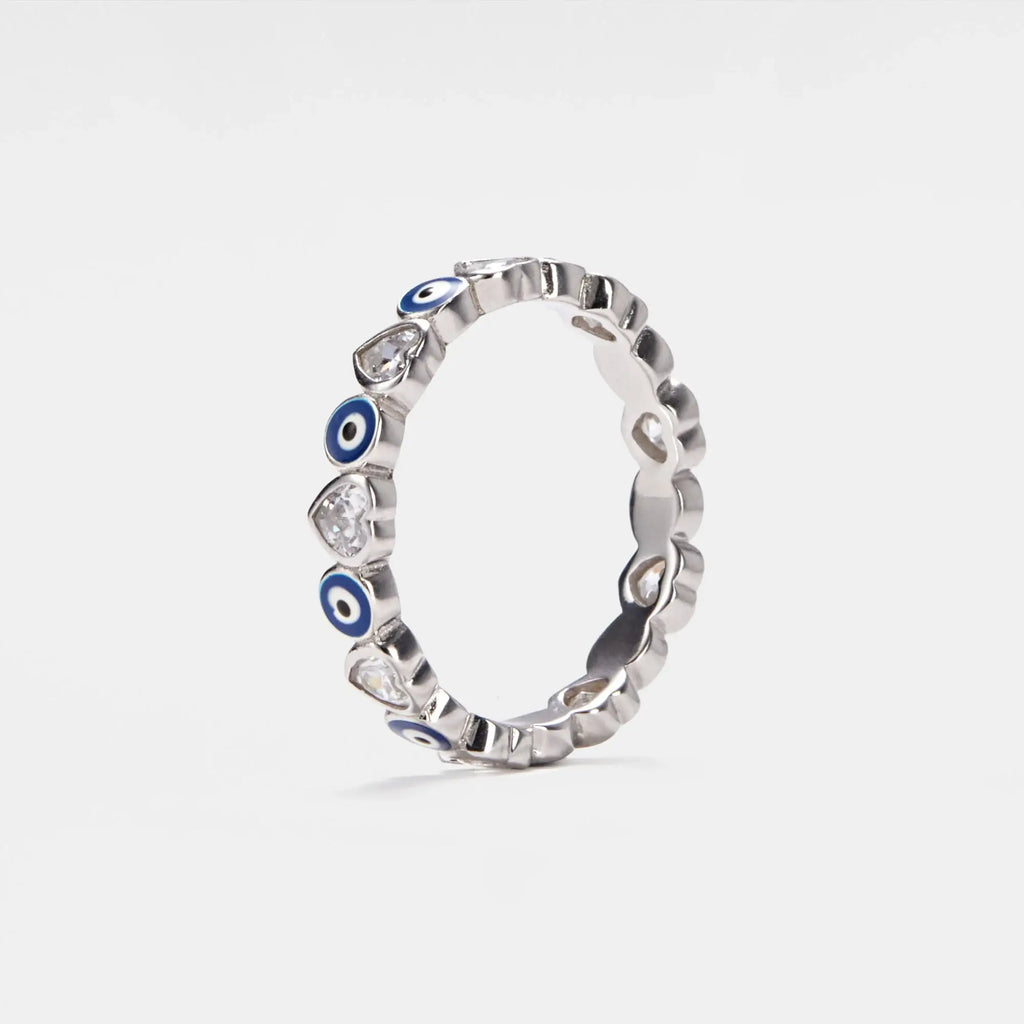 Turkish Evil Eye Heart Eternity Ring in 925 Sterling Silver: Silver / 8 US