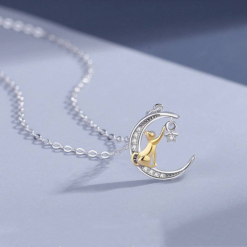 Dainty Cat Moon Star Charm Necklace in 925 Sterling Silver: Large