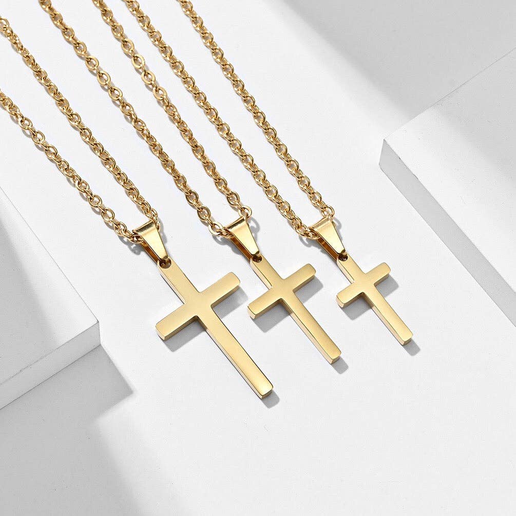 Mens Cross Charm Pendant Necklace in Stainless Steel: Silver / Small