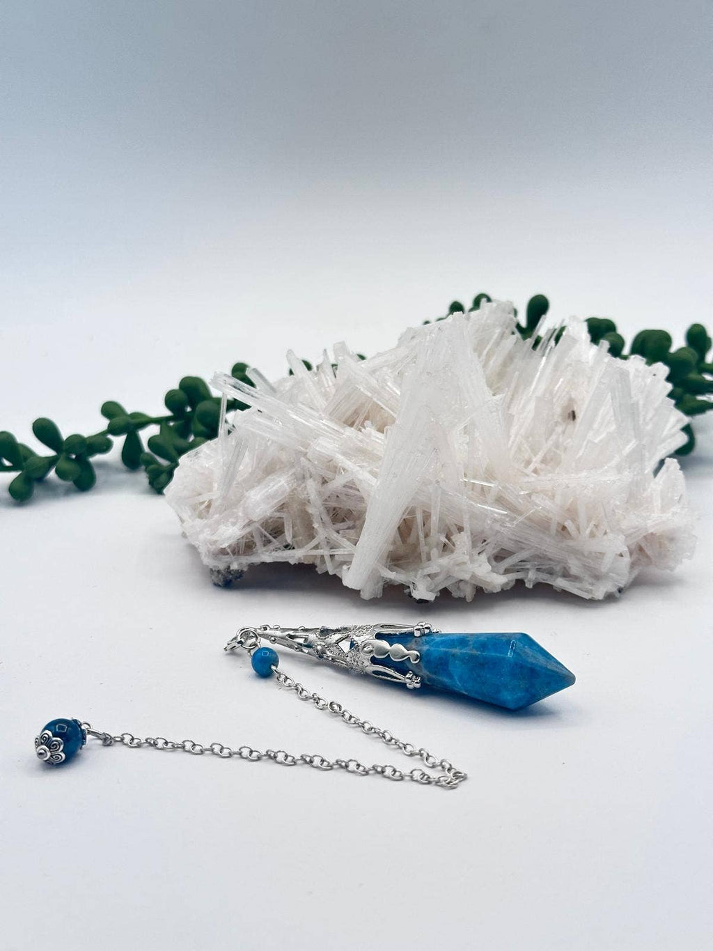 Blue Apatite Gemstone Art Deco Silver Color Pendulum