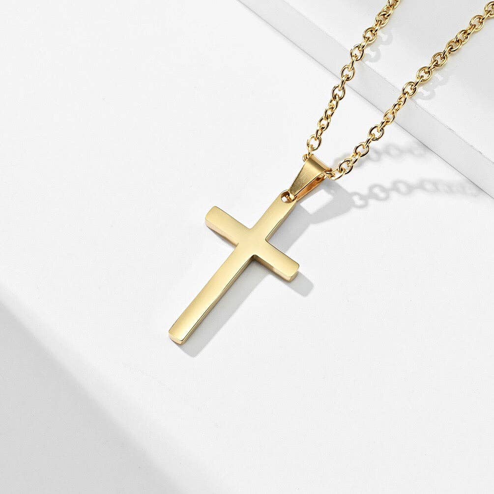 Mens Cross Charm Pendant Necklace in Stainless Steel: Gold / Small