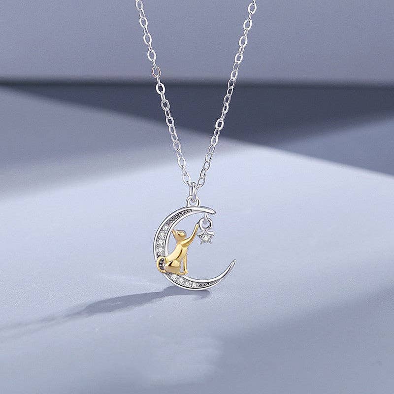 Dainty Cat Moon Star Charm Necklace in 925 Sterling Silver: Large
