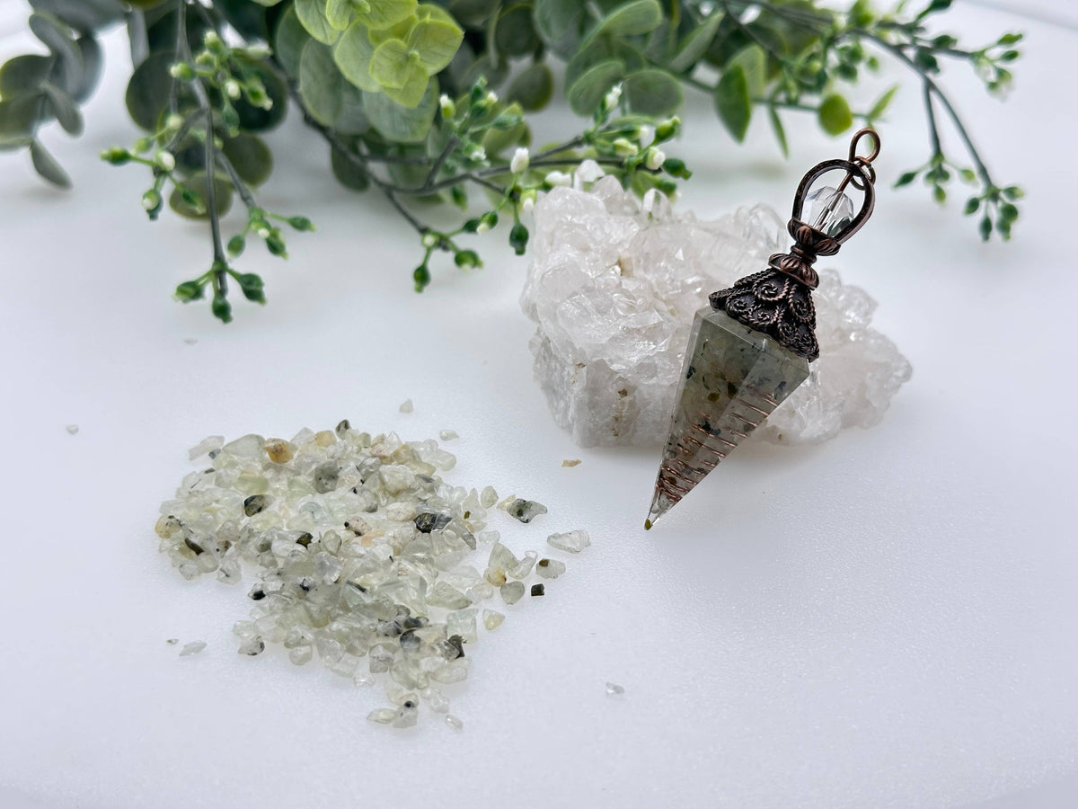 Prehnite Gemstone Chips w/ Copper in Resin Pendulum