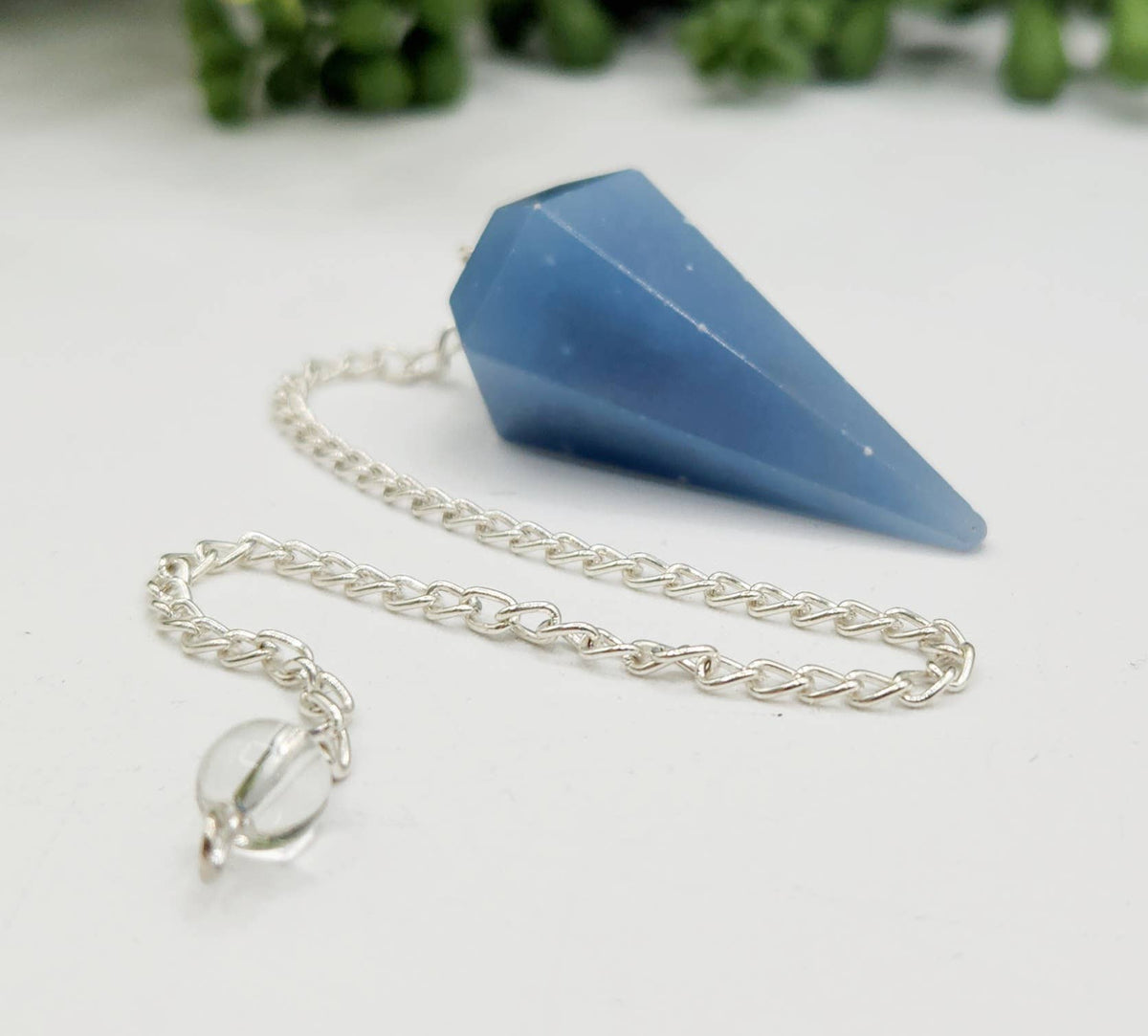 Angelite Gemstone Pendulum with Silver Plated Chain & Bead