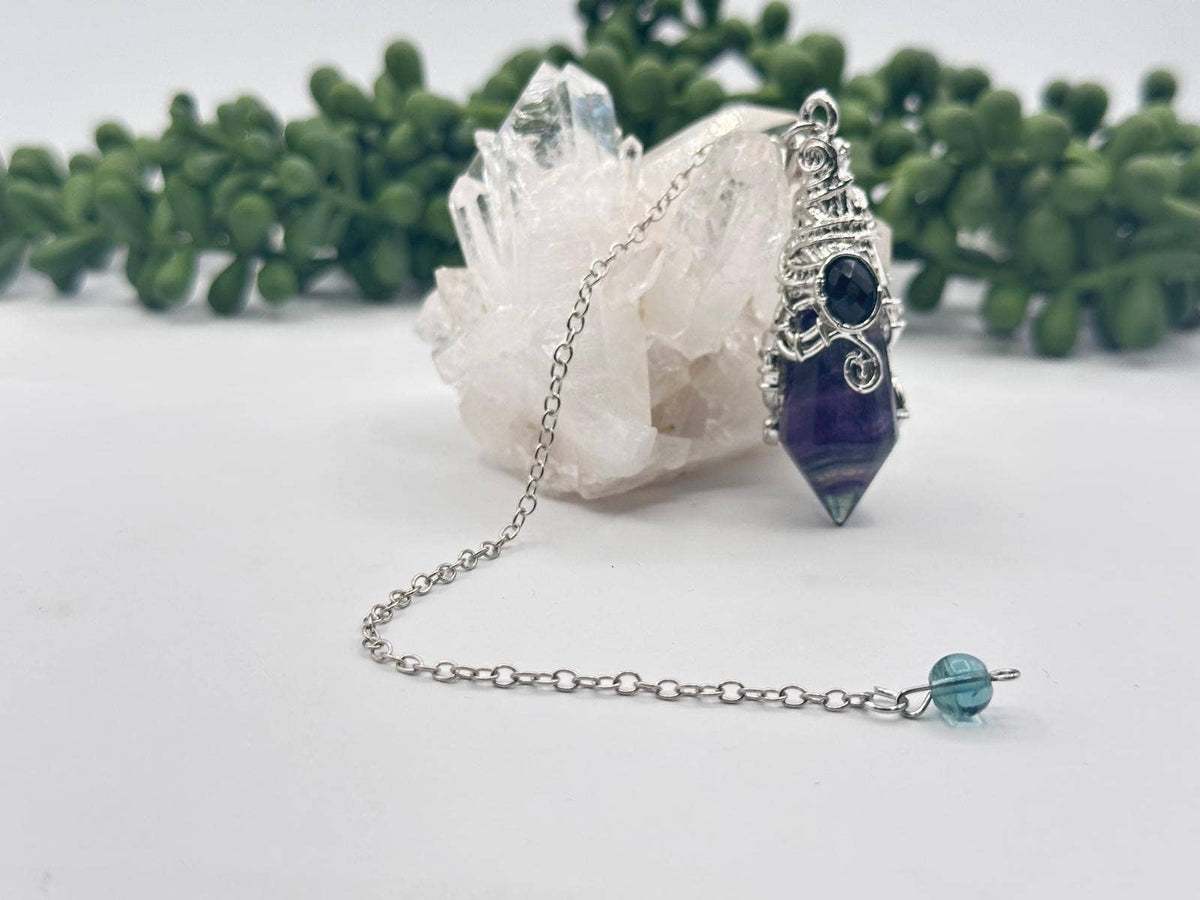 Rainbow Fluorite 12 Faceted Antique Silver Detail Pendulum