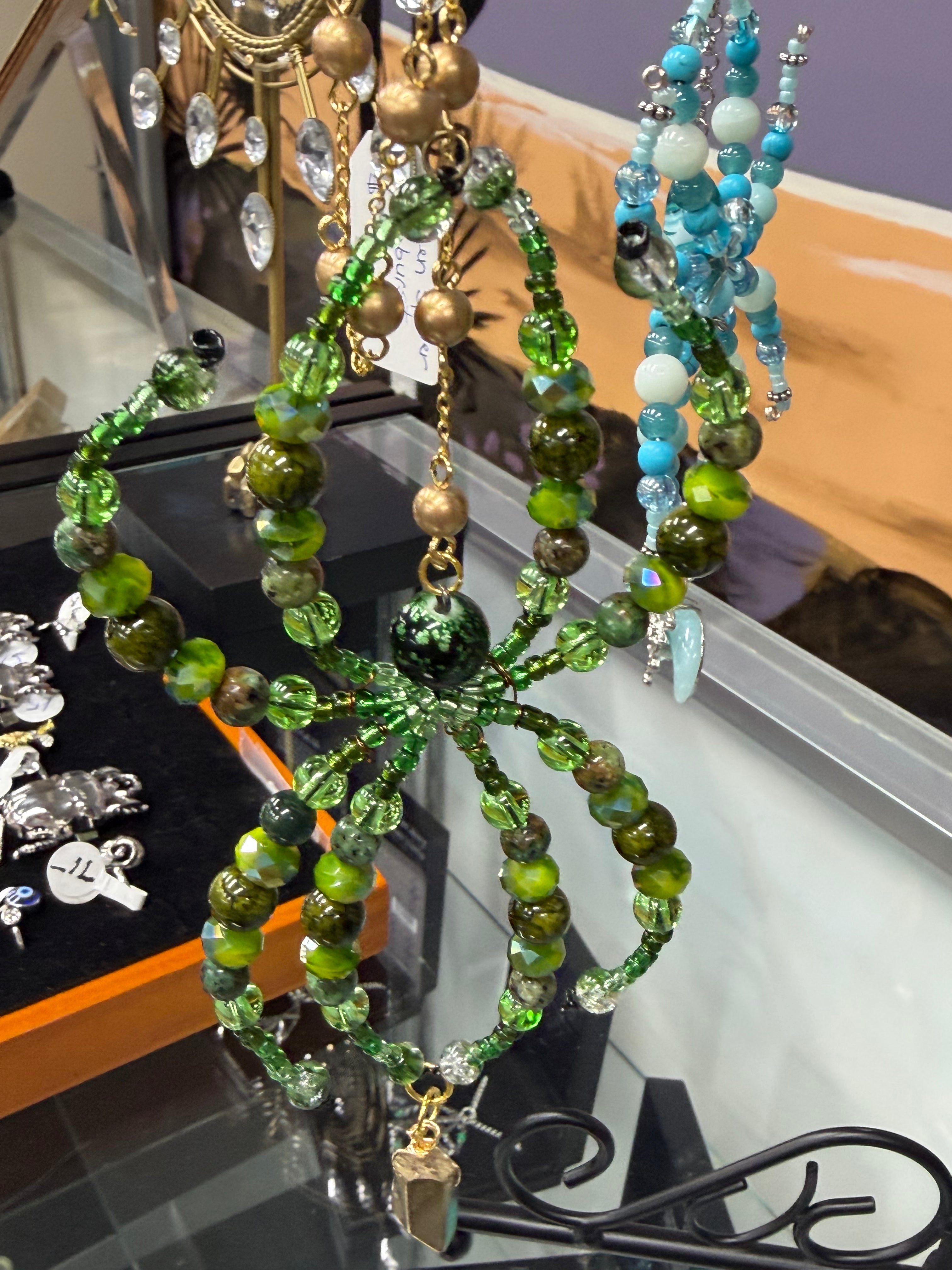 Hanging Beaded Spider green w/pyrite