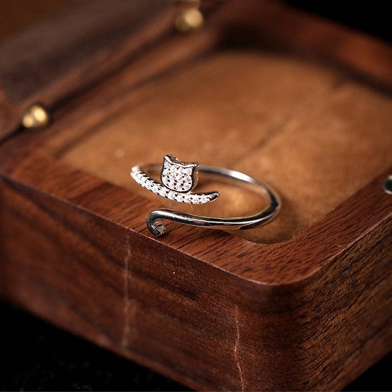 Dainty Silver Cat Tail Adjustable Ring in Solid Copper