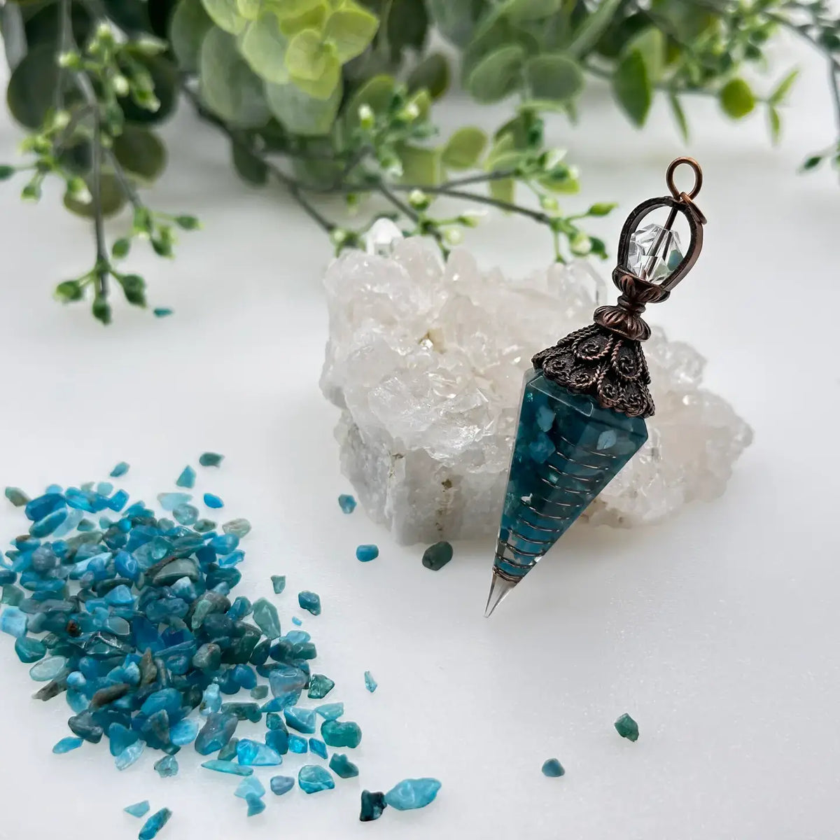 Blue Apatite Gemstone Chips w/ Copper in Resin Pendulum