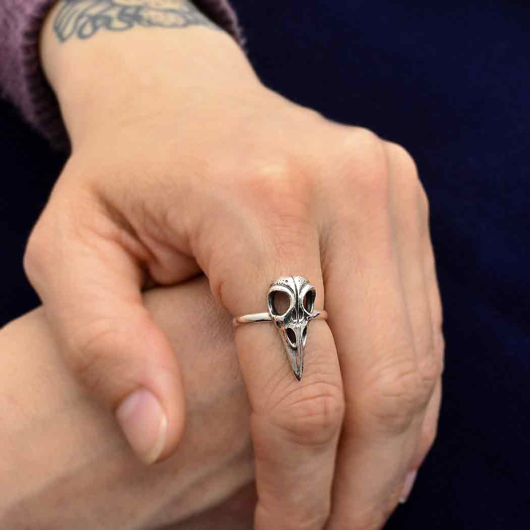 Sterling Silver or Bronze Raven Skull Ring: Sterling Silver / 6