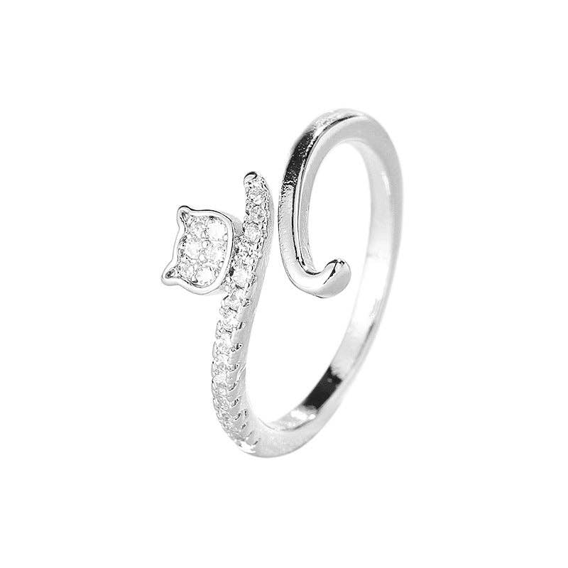Dainty Silver Cat Tail Adjustable Ring in Solid Copper