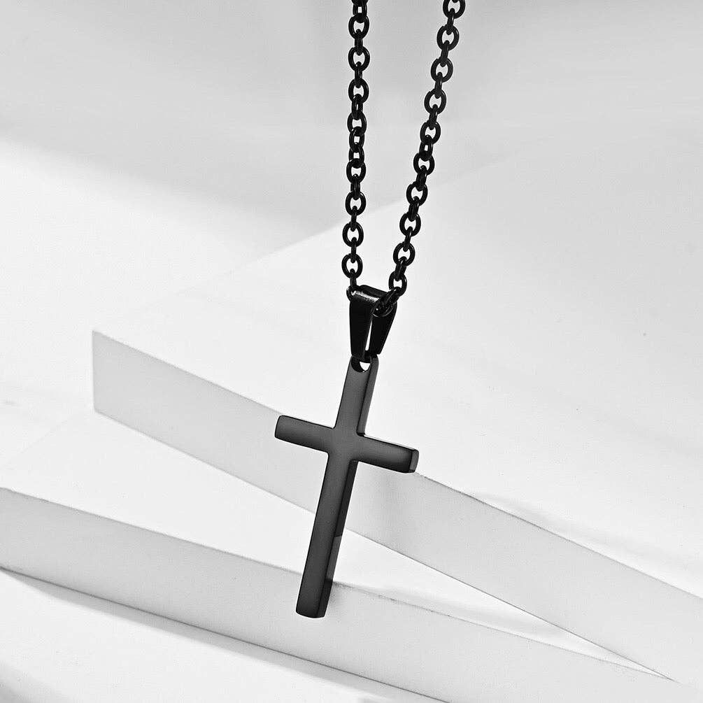Mens Cross Charm Pendant Necklace in Stainless Steel: Gold / Small