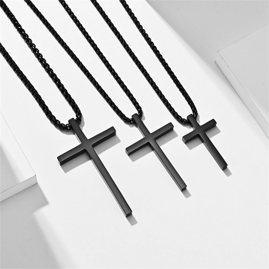 Mens Cross Charm Pendant Necklace in Stainless Steel: Silver / Small