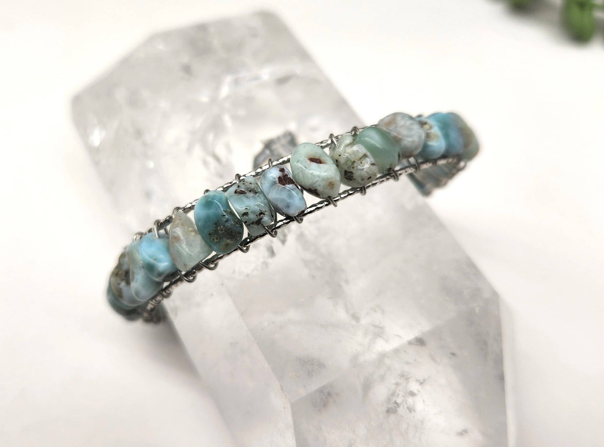 Larimar Bangle/Cuff/Wire Wrapped-18kt.White Gold Overlay: YELLOW GOLD