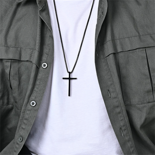Mens Cross Charm Pendant Necklace in Stainless Steel: Gold / Small