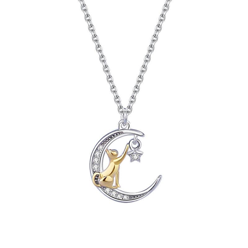 Dainty Cat Moon Star Charm Necklace in 925 Sterling Silver: Large
