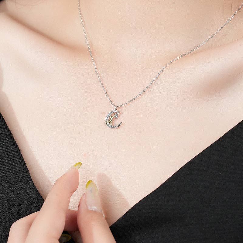 Dainty Cat Moon Star Charm Necklace in 925 Sterling Silver: Large