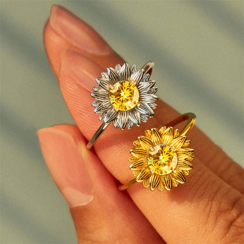 Dainty Gold Sunflower Statement Ring in 925 Sterling Silver: Silver / 6 US