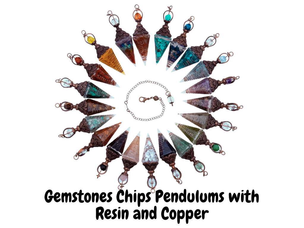 Prehnite Gemstone Chips w/ Copper in Resin Pendulum
