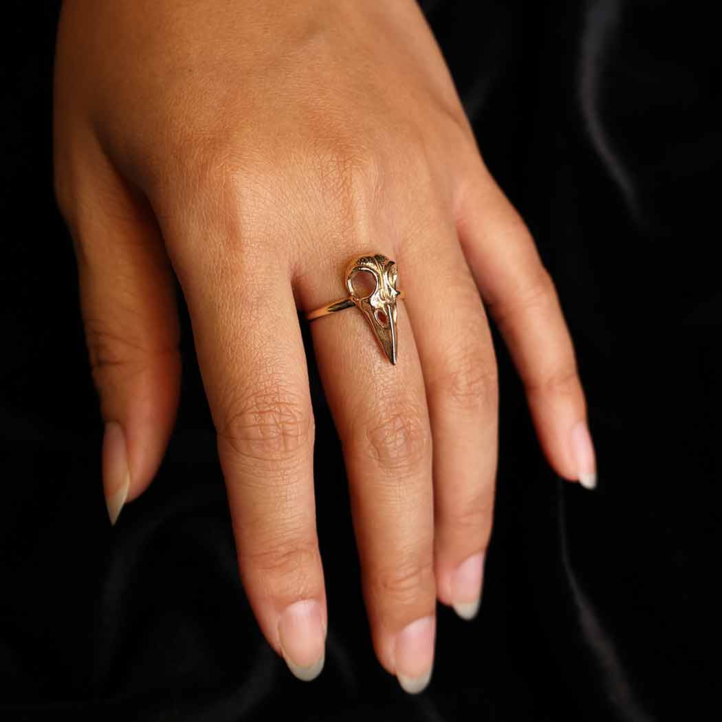 Sterling Silver or Bronze Raven Skull Ring: Sterling Silver / 9