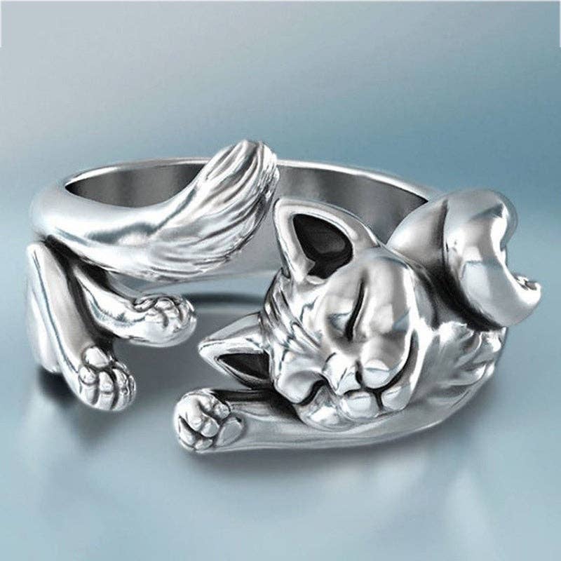 Vintage Oxidized Sleeping Cat Open Ring in Solid Copper